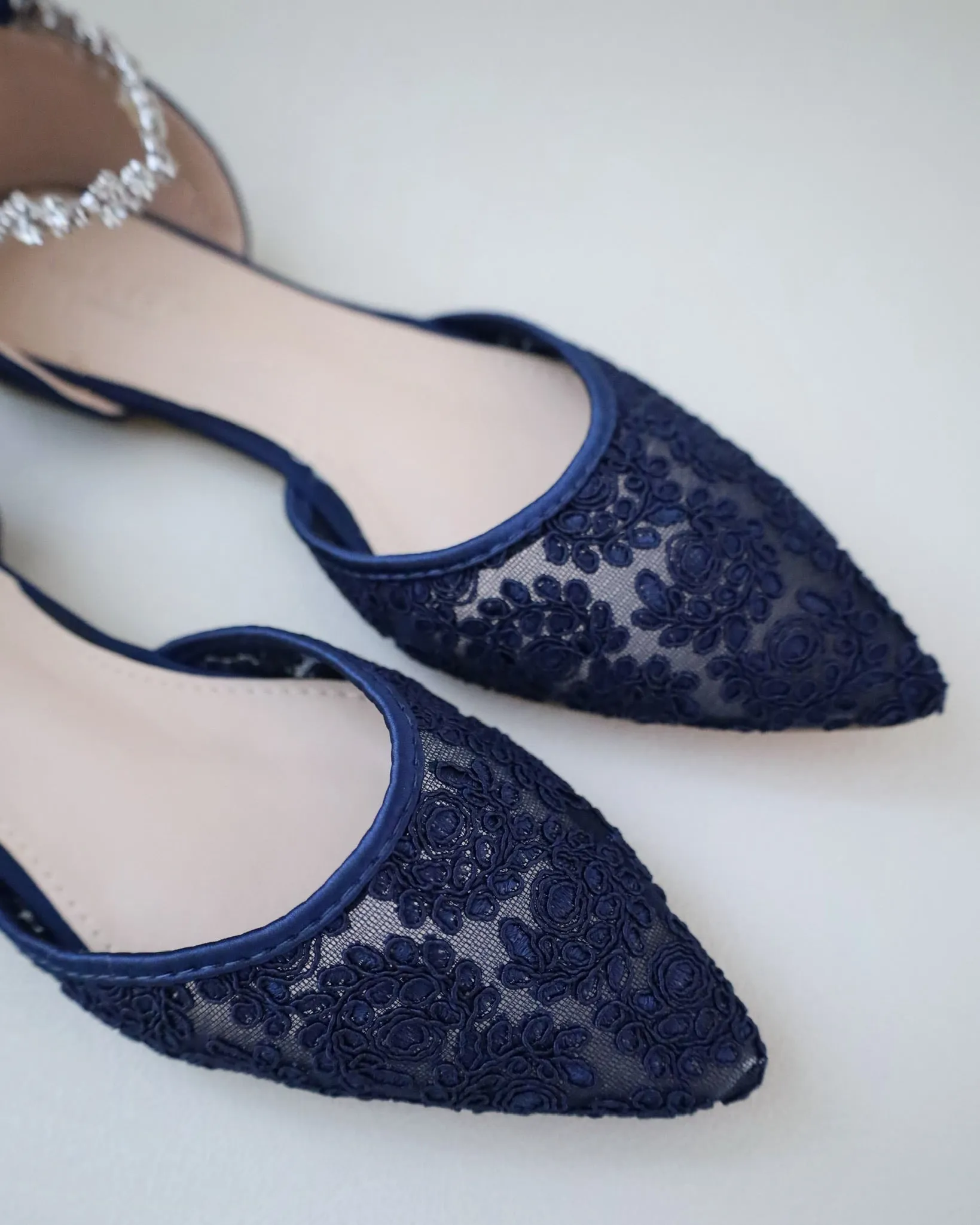 Evening Crochet Lace Pointy Toe Flats with Amaryllis Crystal Strap