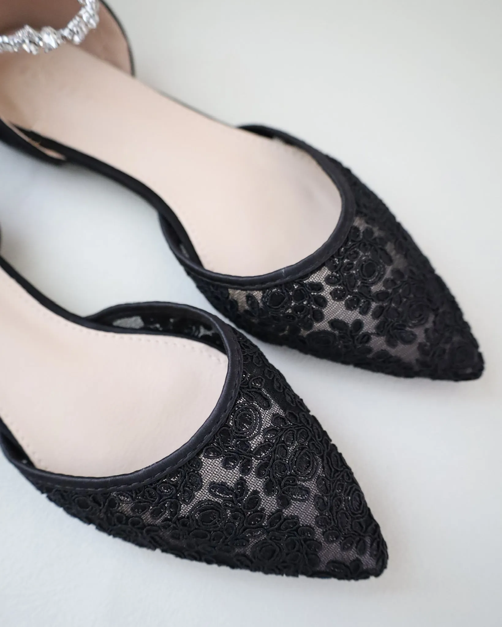 Evening Crochet Lace Pointy Toe Flats with Amaryllis Crystal Strap