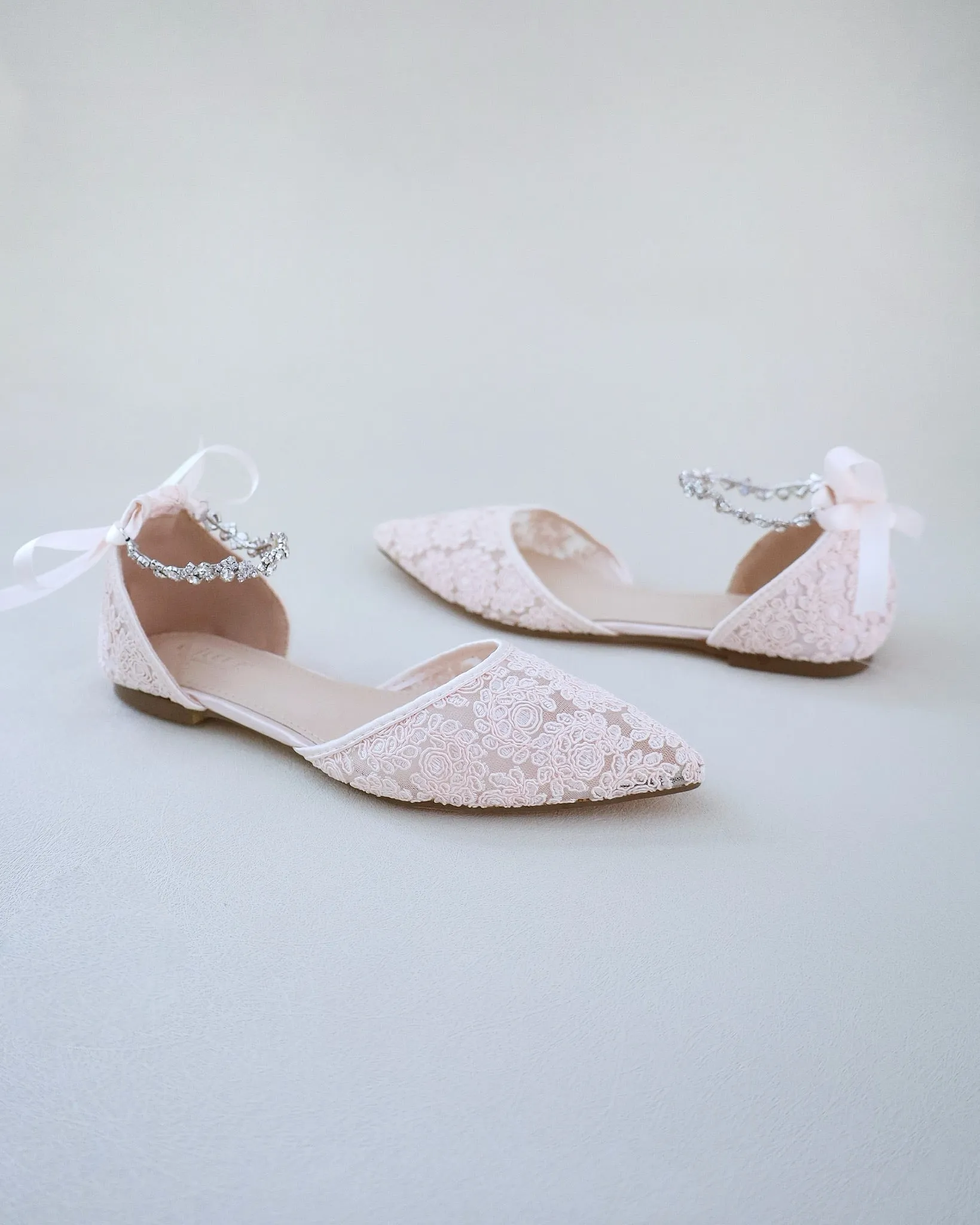 Evening Crochet Lace Pointy Toe Flats with Amaryllis Crystal Strap