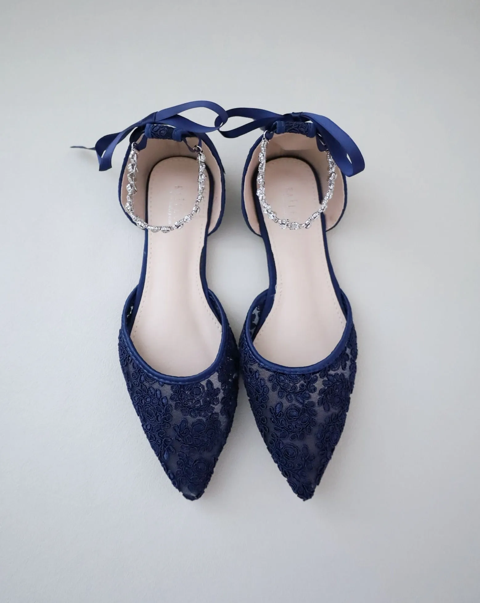 Evening Crochet Lace Pointy Toe Flats with Amaryllis Crystal Strap