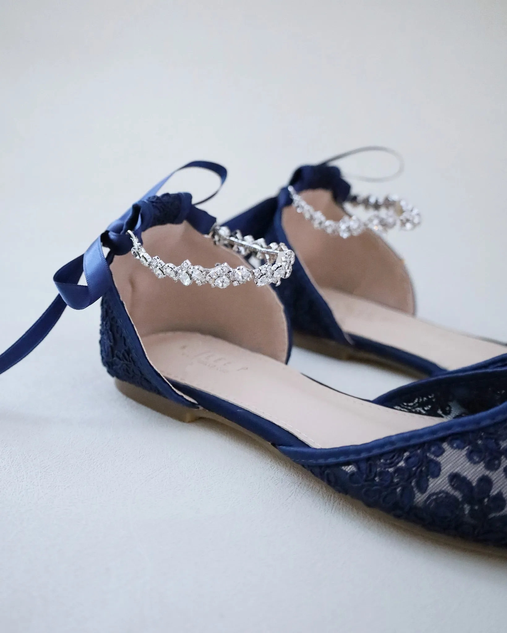 Evening Crochet Lace Pointy Toe Flats with Amaryllis Crystal Strap