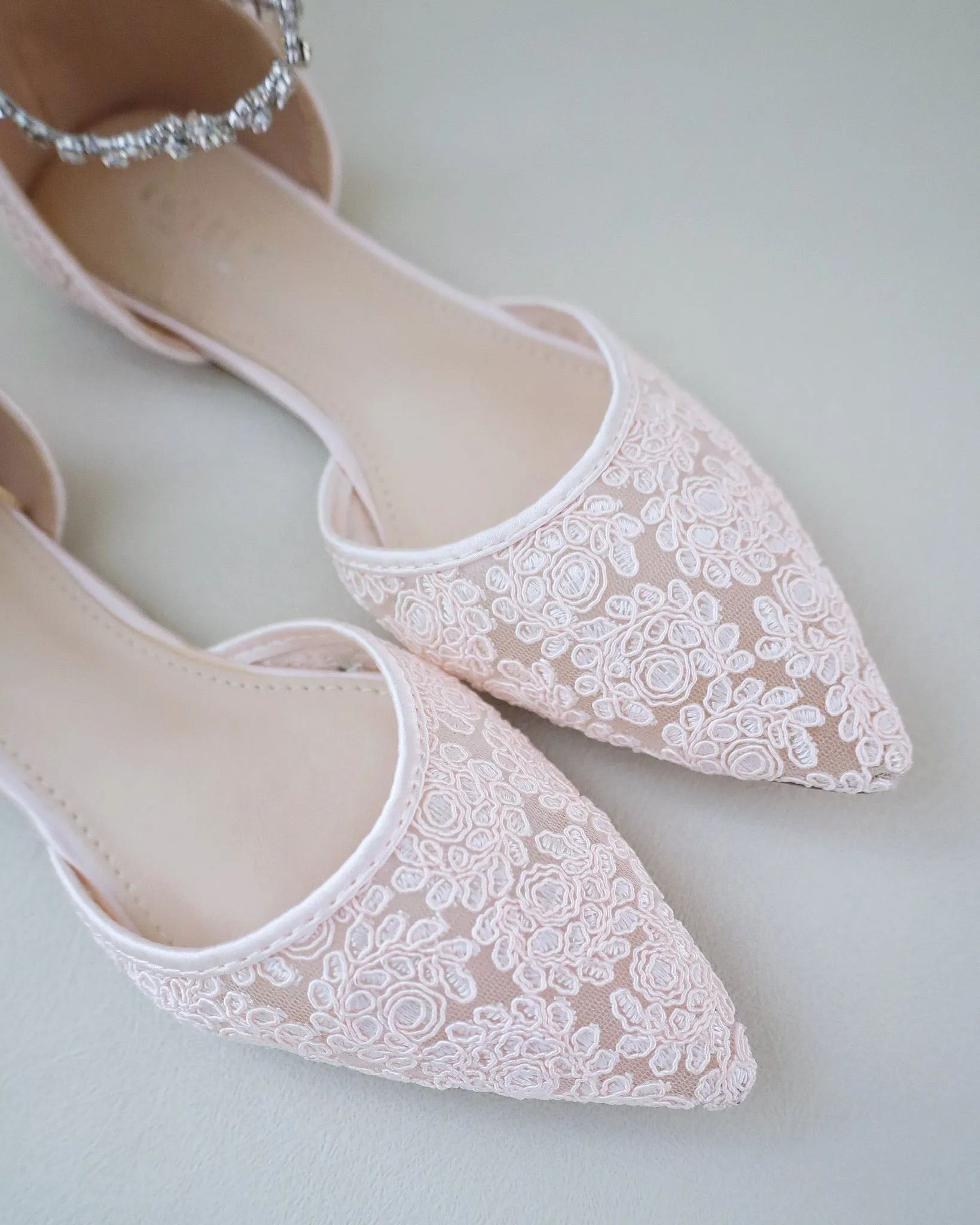 Evening Crochet Lace Pointy Toe Flats with Amaryllis Crystal Strap