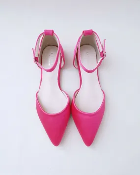 Fuchsia Satin Pointy Toe Flats with Ankle Strap