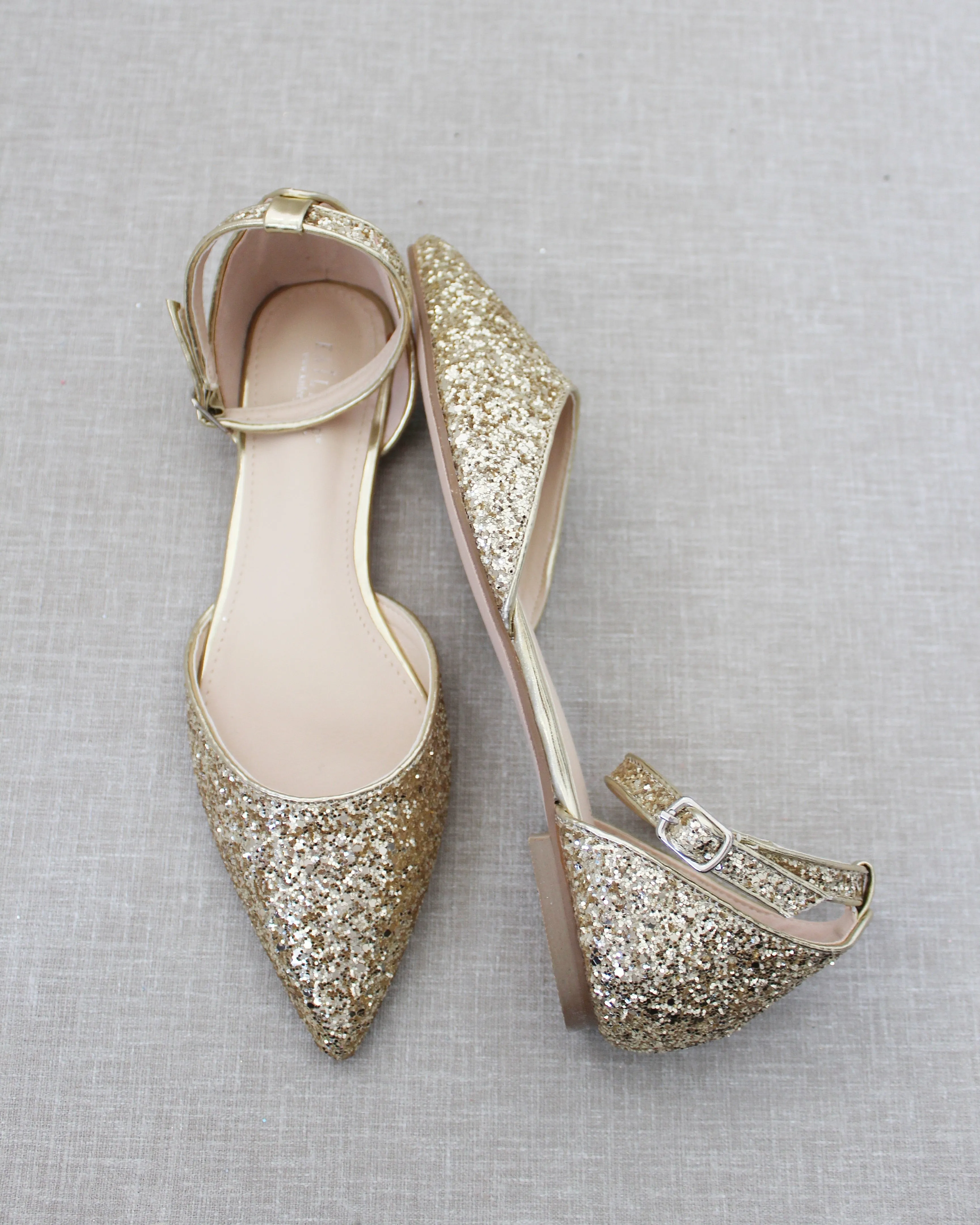 Gold Rock Glitter Ankle Strap Flats