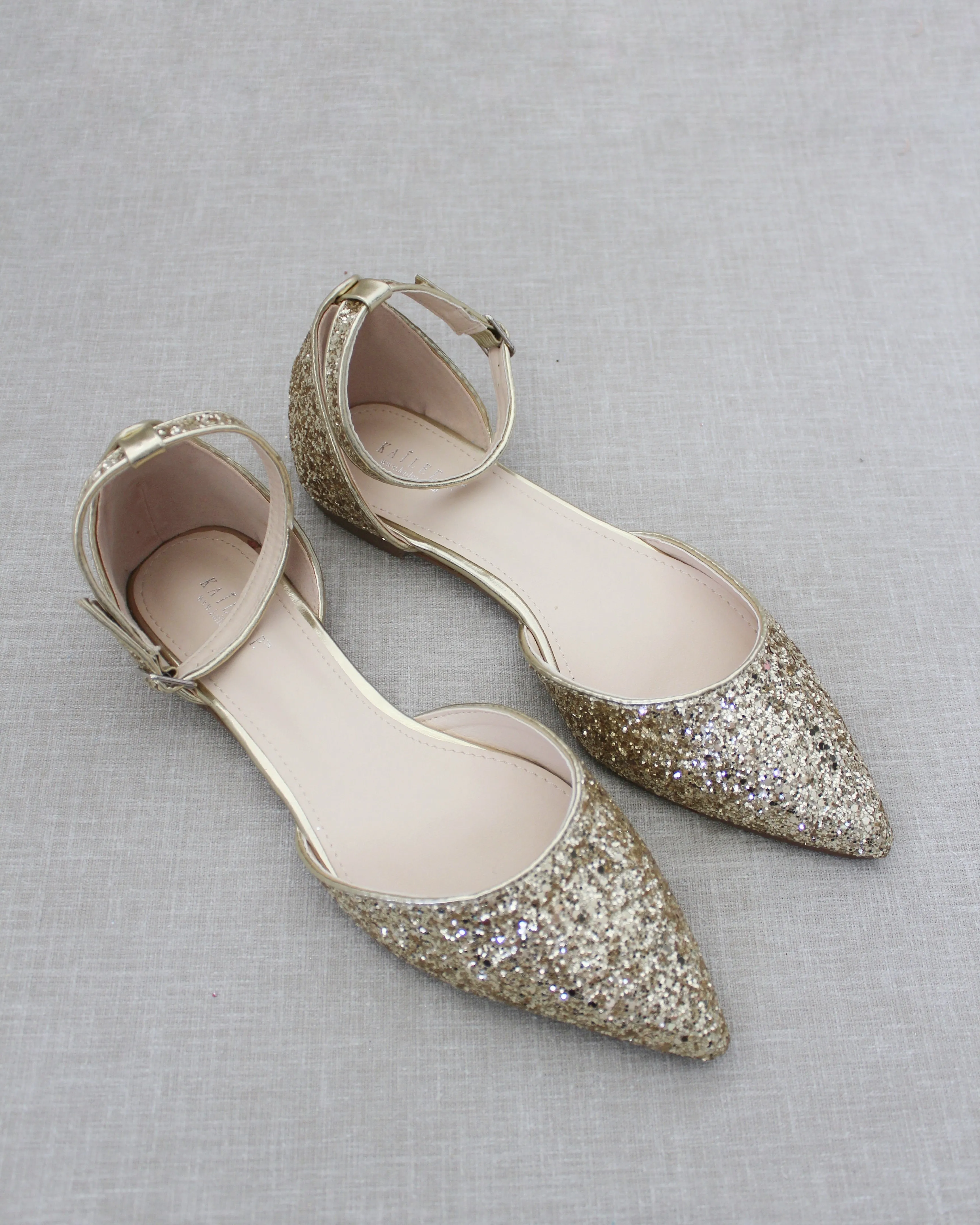 Gold Rock Glitter Ankle Strap Flats