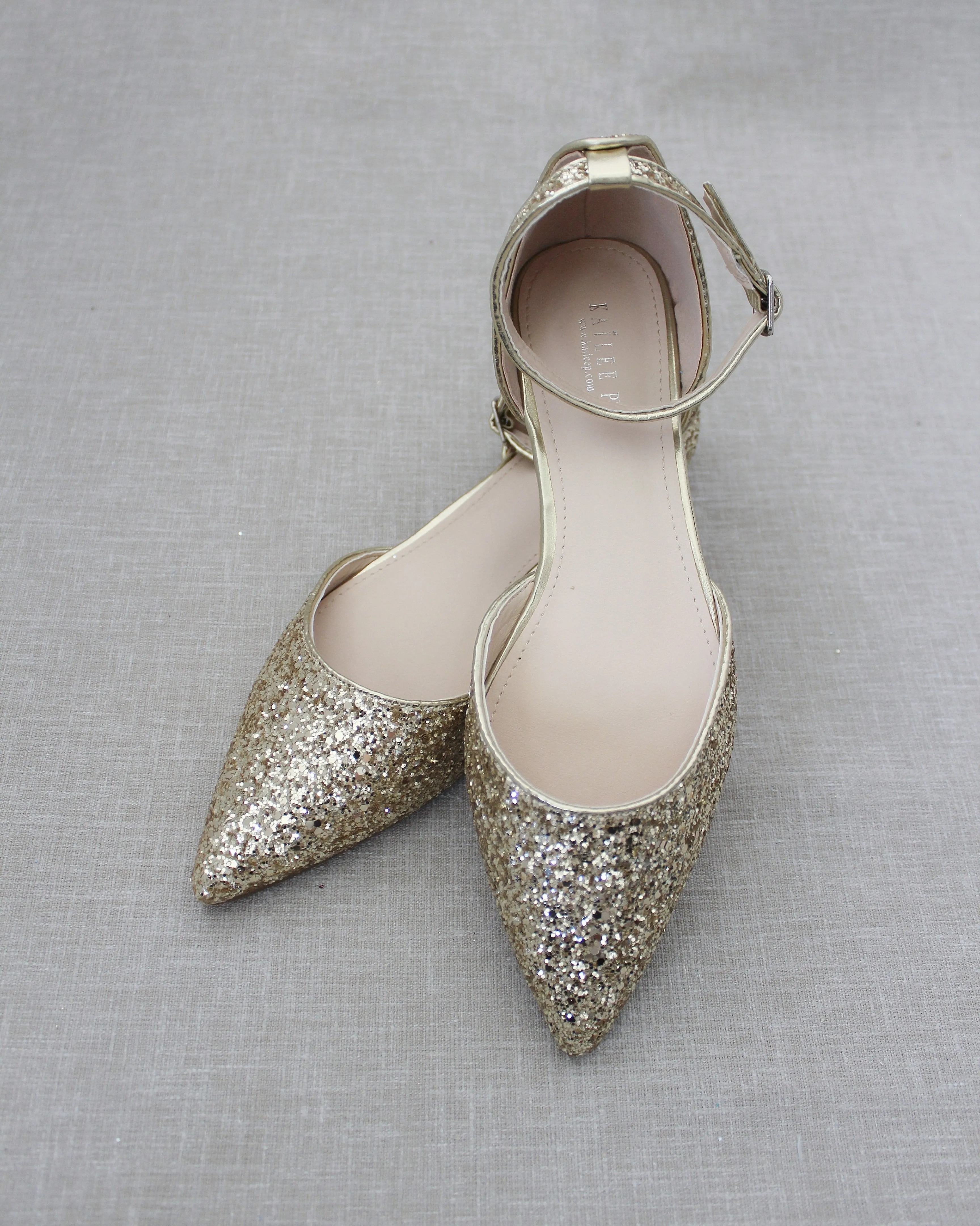 Gold Rock Glitter Ankle Strap Flats