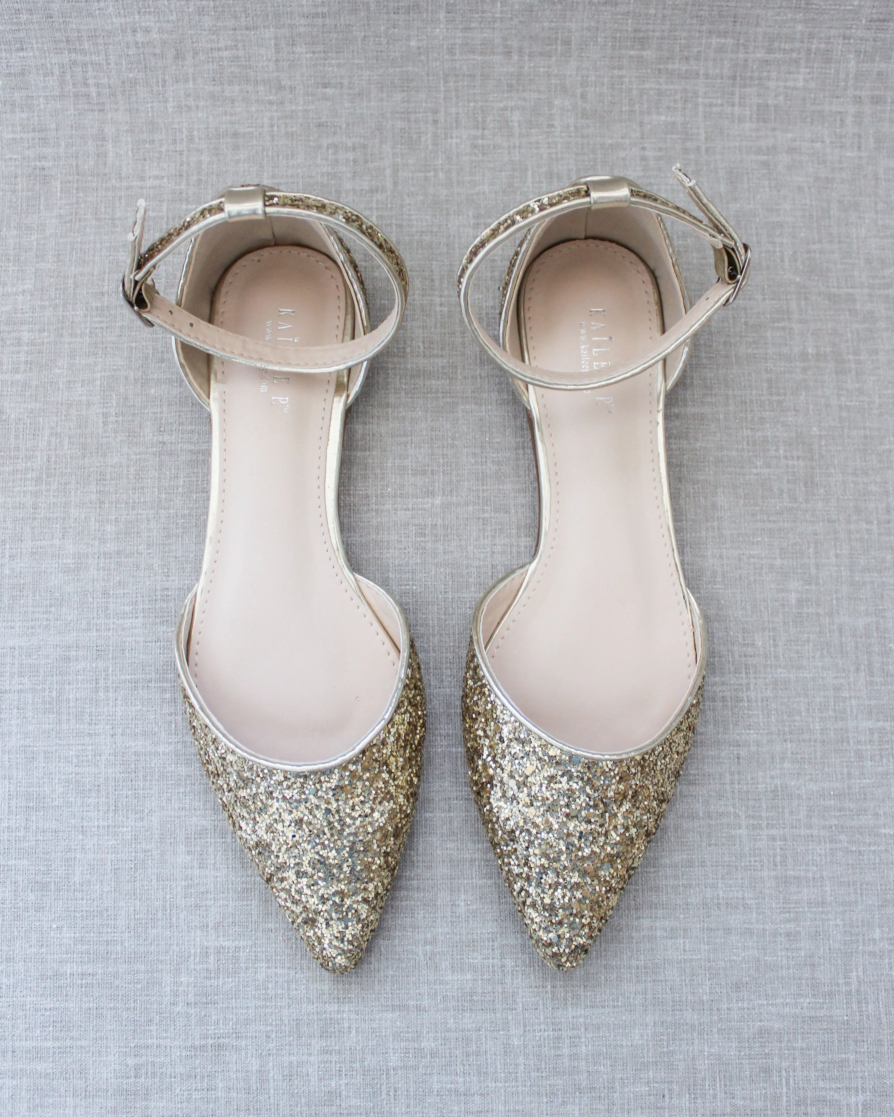 Gold Rock Glitter Ankle Strap Flats