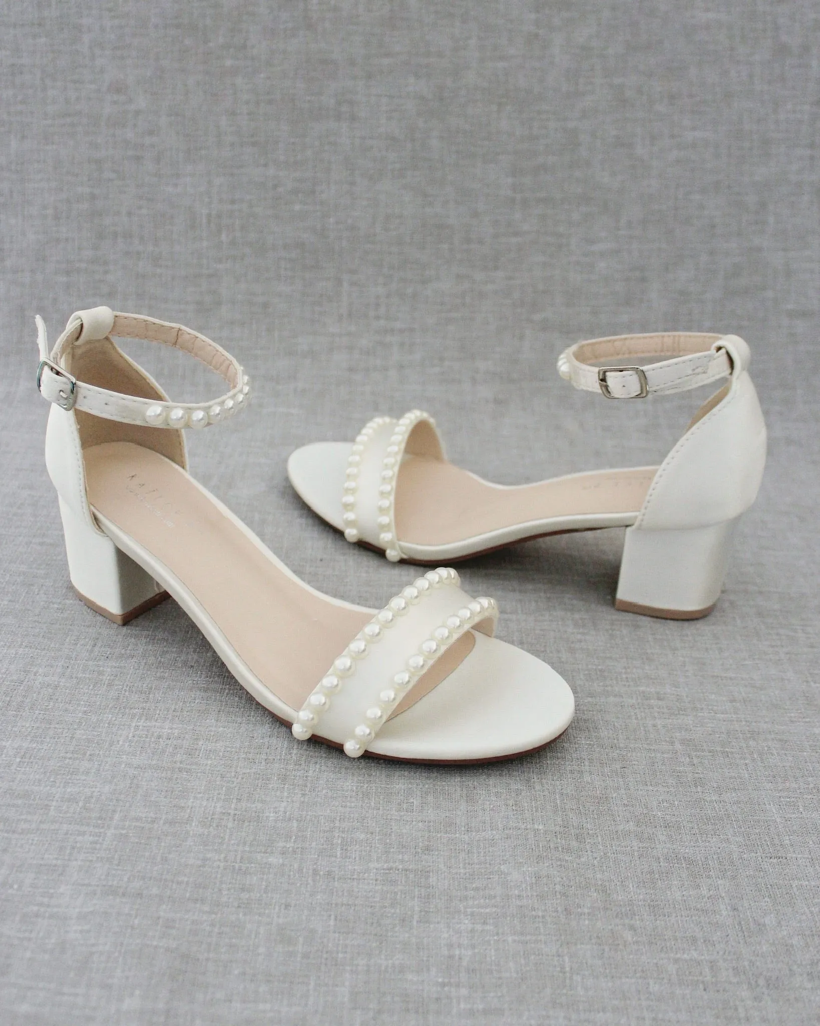 Ivory Satin Block Heel Sandals with Pearls