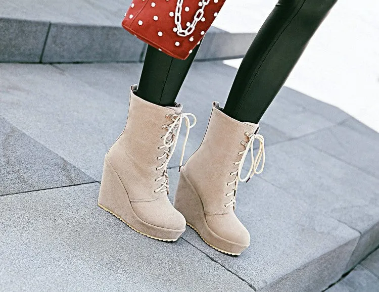 Lace Up Suede Wedge Short Boots Plus Size Women Shoes 4142