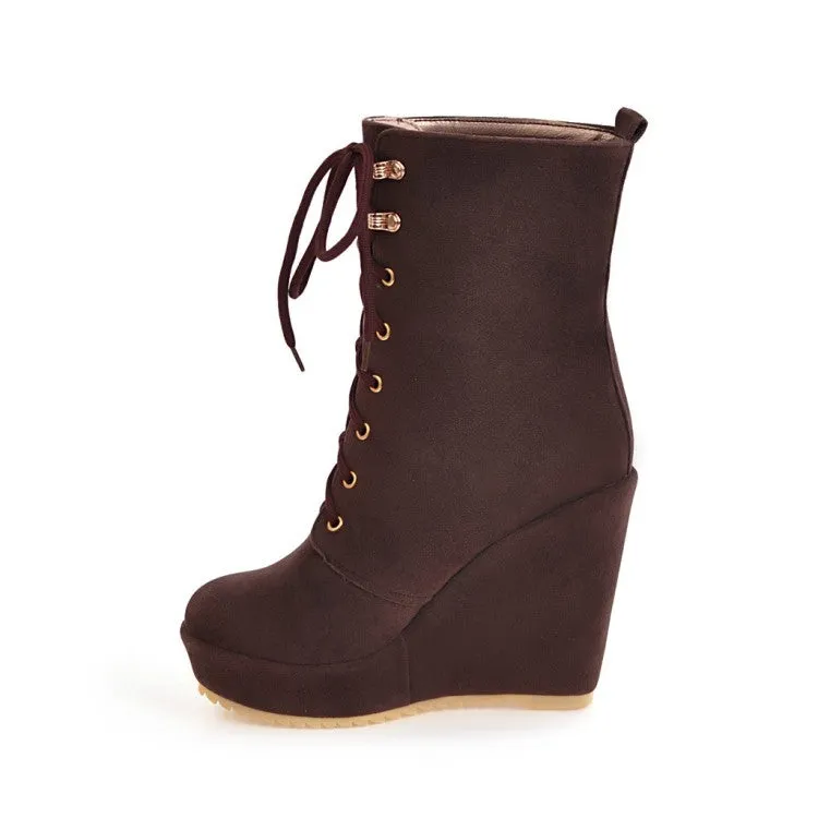 Lace Up Suede Wedge Short Boots Plus Size Women Shoes 4142