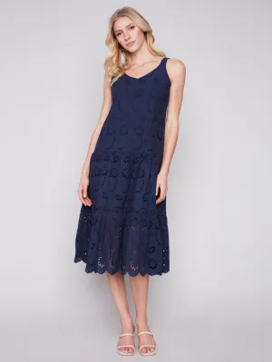 Long Sleeveless Cotton Eyelet Dress - Navy