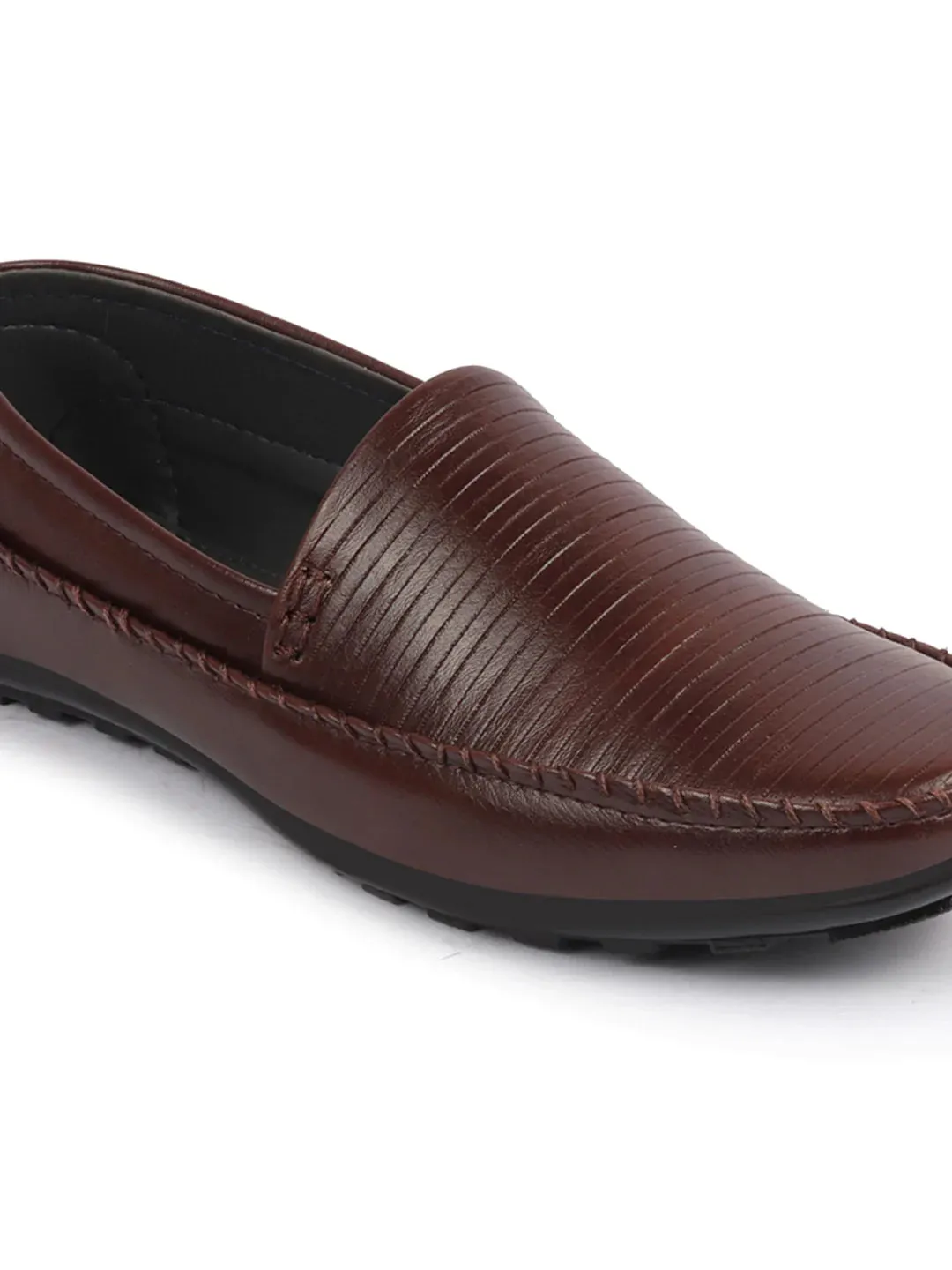 Men Brown Side Stitched Broad Feet Ethnic Slip On Shoes