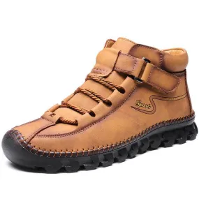 Men Cow Leather Non Slip Hand Stitching Soft Sole Casual Outdoor Boots