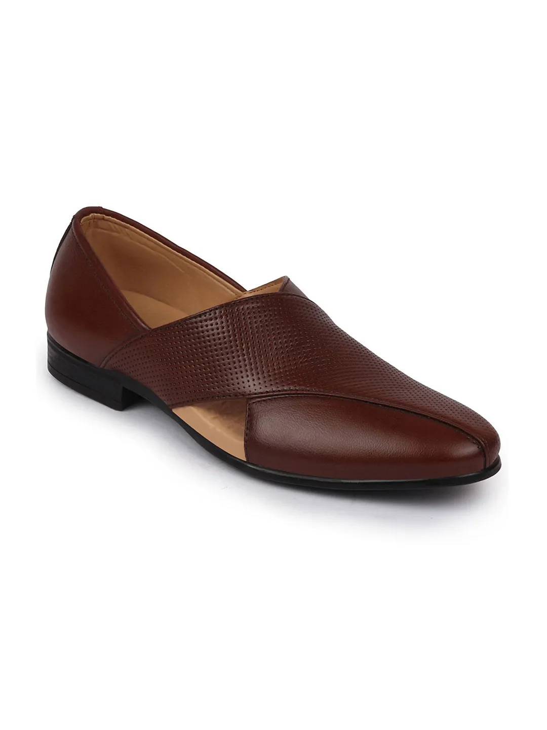 Men Formal Tan Peshawari Front Open Leather Slip On Shoes