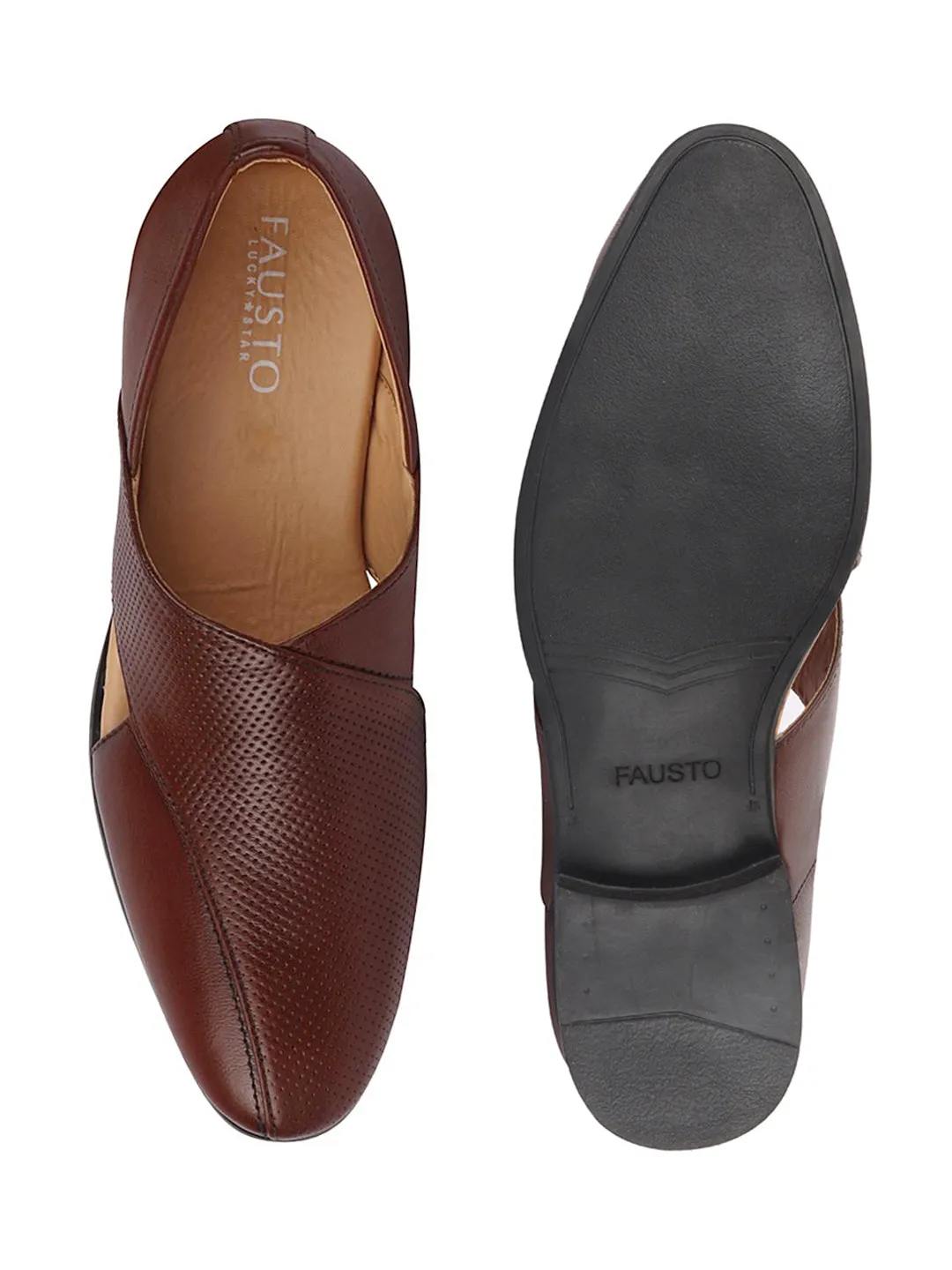 Men Formal Tan Peshawari Front Open Leather Slip On Shoes