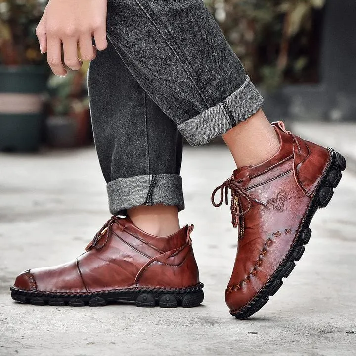 Men Hand Stitching Leather Non Slip Large Size Soft Sole Casual Boots