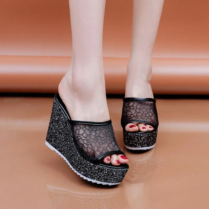 Mesh Platform Slip On Wedge Sandals