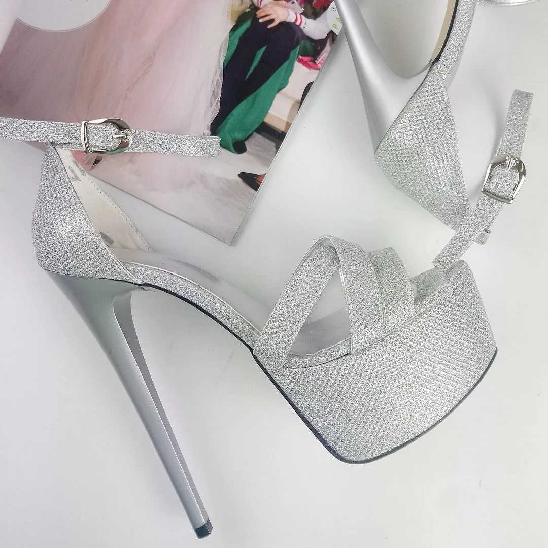 Silver Shimmer Cross Strap Platforms