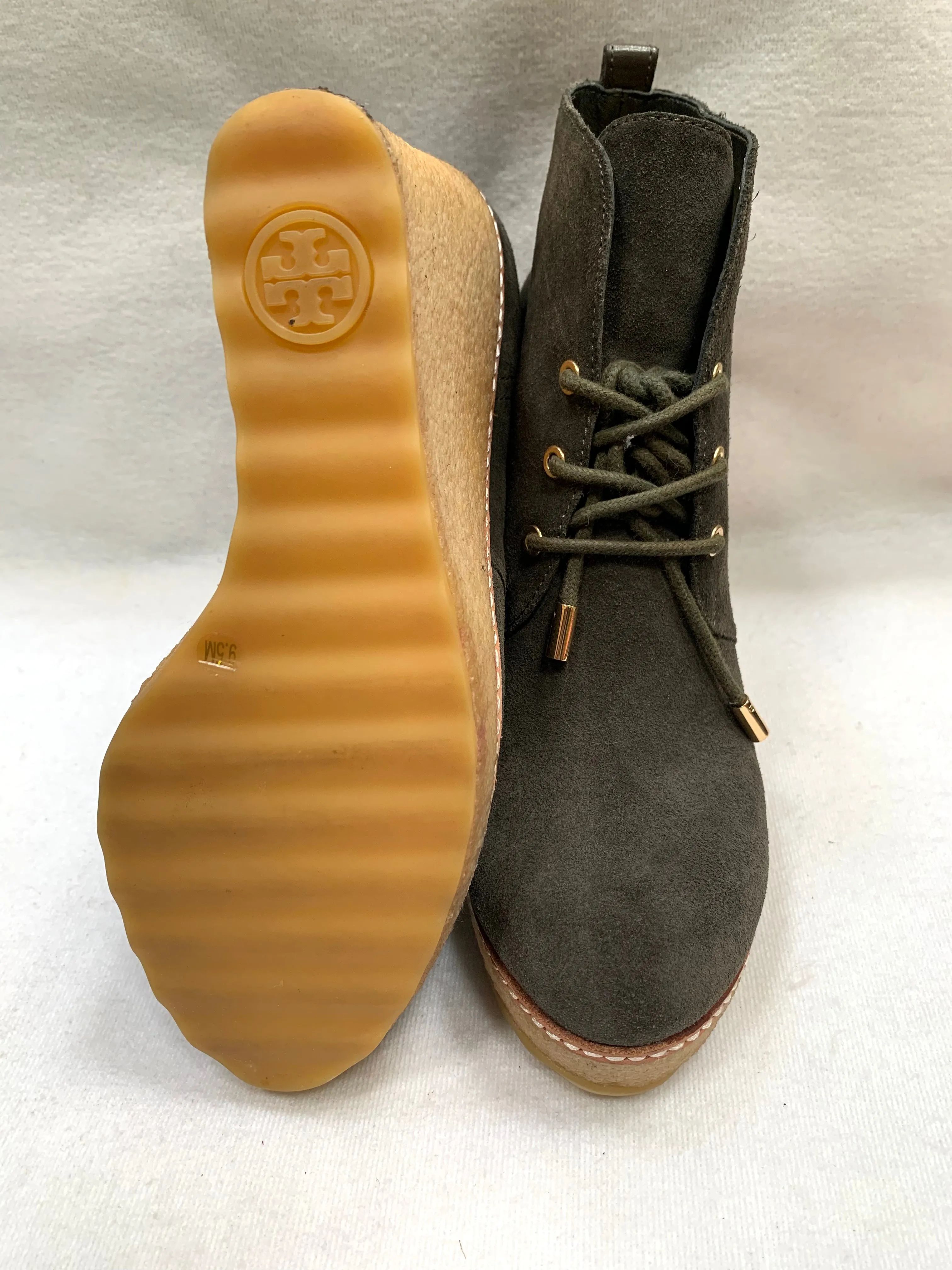 TORY BURCH OLIVE GREEN WEDGE BOOTIES (PREOWNED)