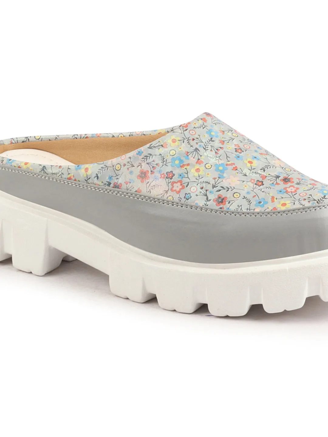 Women Grey Stiched Floral Print Back Open Height Enhancer Slip On Casual Shoes