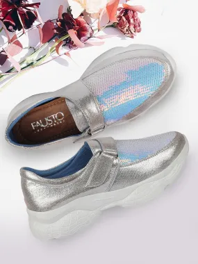 Women Silver Stylish Hook & Loop Sneakers