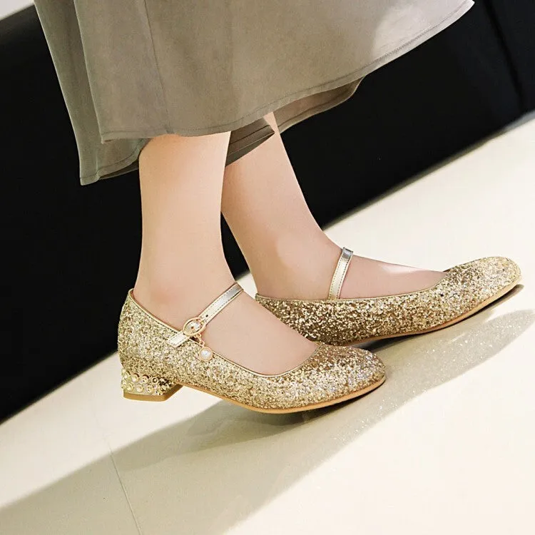 Women's Sparkling Sequins Shallow Mary Janes Rhinestone Flat Pumps