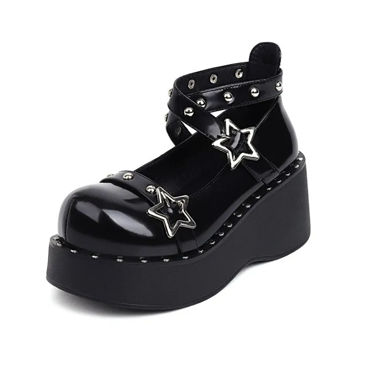 Women's Star-shaped Rivets Platform Wedge Heels Shoes